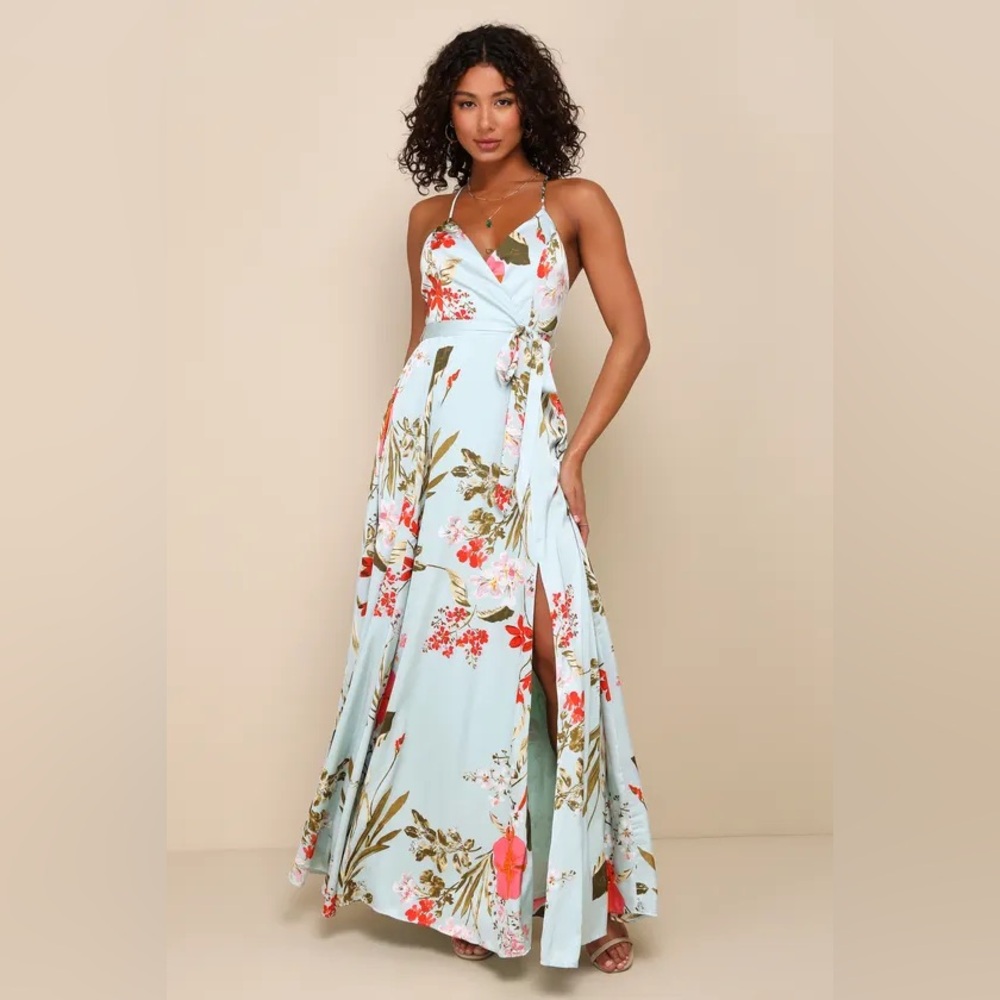 Lulus Still the One Sage Green Floral Print Satin Maxi Dress Size L
